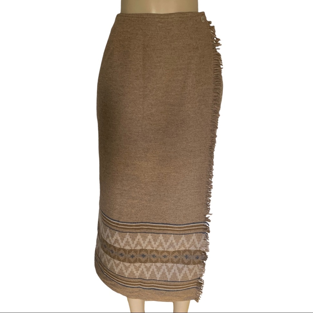 Wool Southwestern Vintage Style Fringe Front Wrap Full Skirt Pocketed